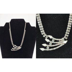 Vintage Garne Jewelry Signed Silver Tone Starburst Clear Rhinestone Necklace